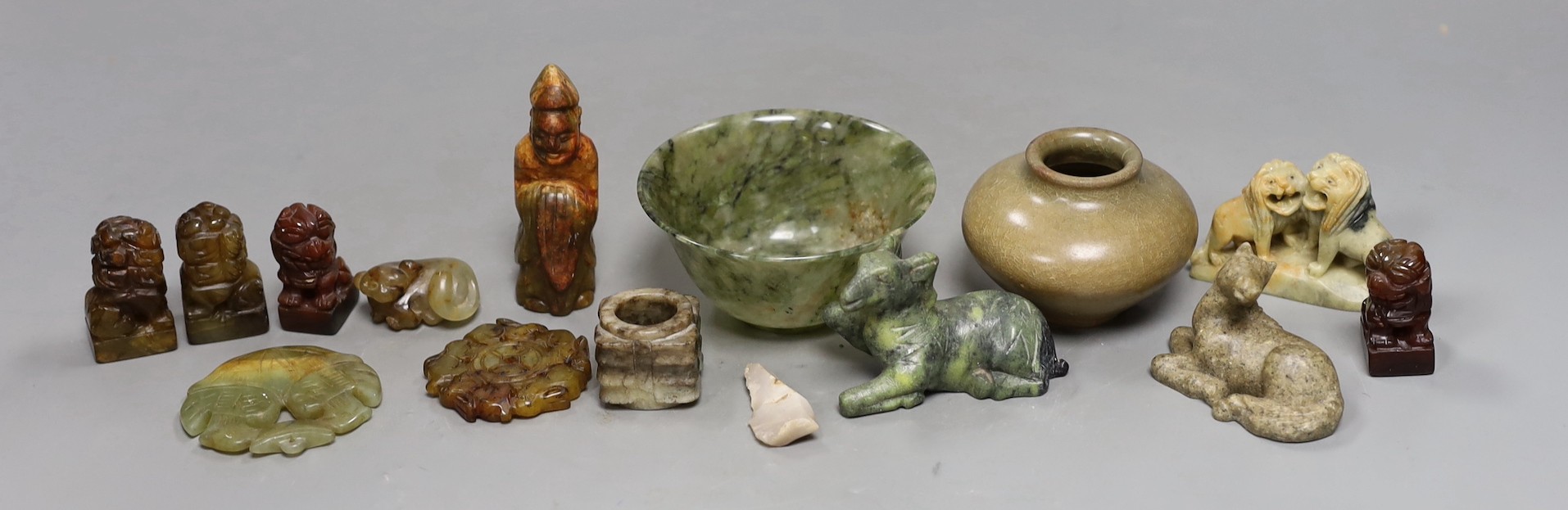 A small Chinese grey and black jade cong, 3.2 cm wide and other various Chinese hardstone and soap stone carvings, bowl 9.5cms diameter